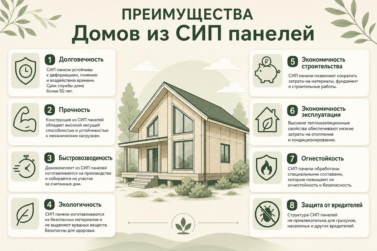 Преимущества домов из СИП-панелей: долговечность, прочность, быстровозводимость, экологичность, экономичность строительства и эксплуатации, огнестойкость, защита от вредителей